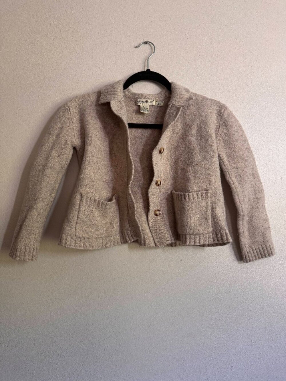 Eddie Bauer Wool Silk Collared Cardigan Small Petite Taupe Pockets